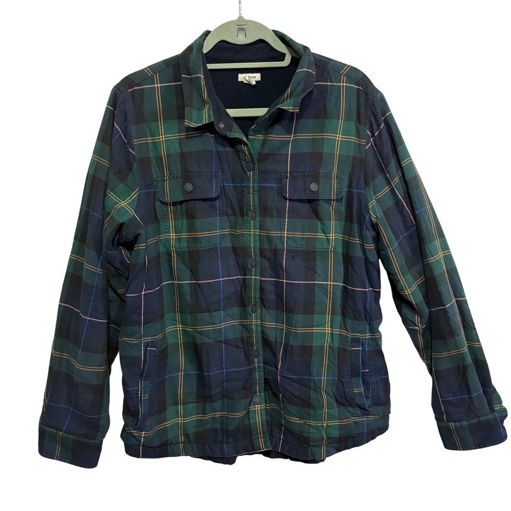 LL Bean Mens Fleece Lined Flannel Shirt Jacket Green Blue Plaid Snap Front L REG